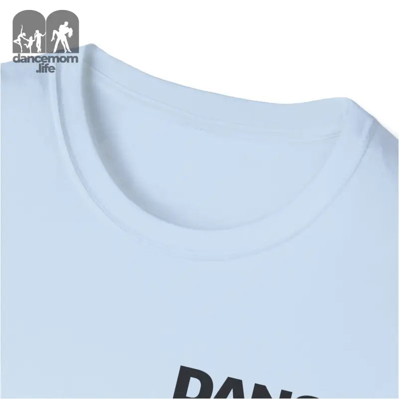 Light blue t-shirt with partial text visible on the front.