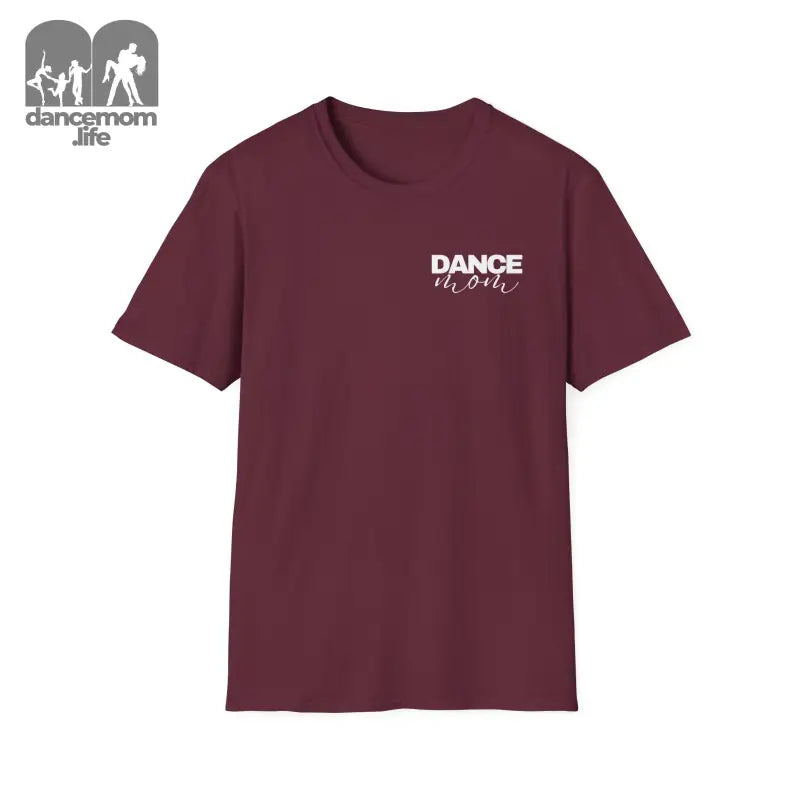 Burgundy t-shirt with ’DANCE’ text printed on the chest.