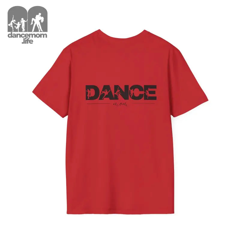 Red t-shirt with ’DANCE’ text printed in black.