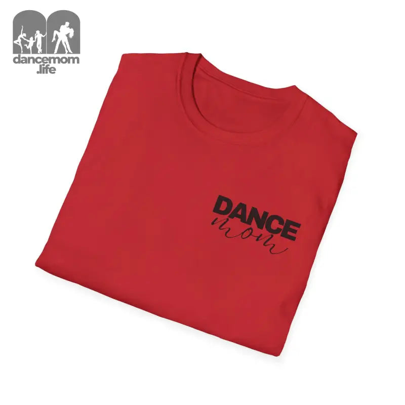 Red t-shirt with ’DANCE’ text printed on it.