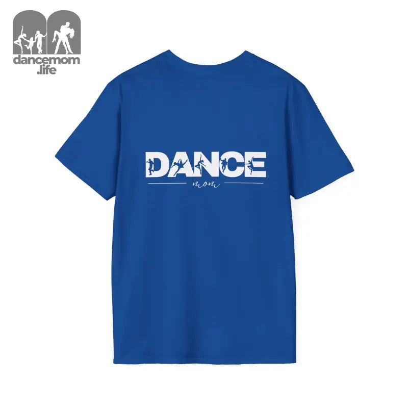 Royal blue t-shirt with ’DANCE’ text printed in white on it.