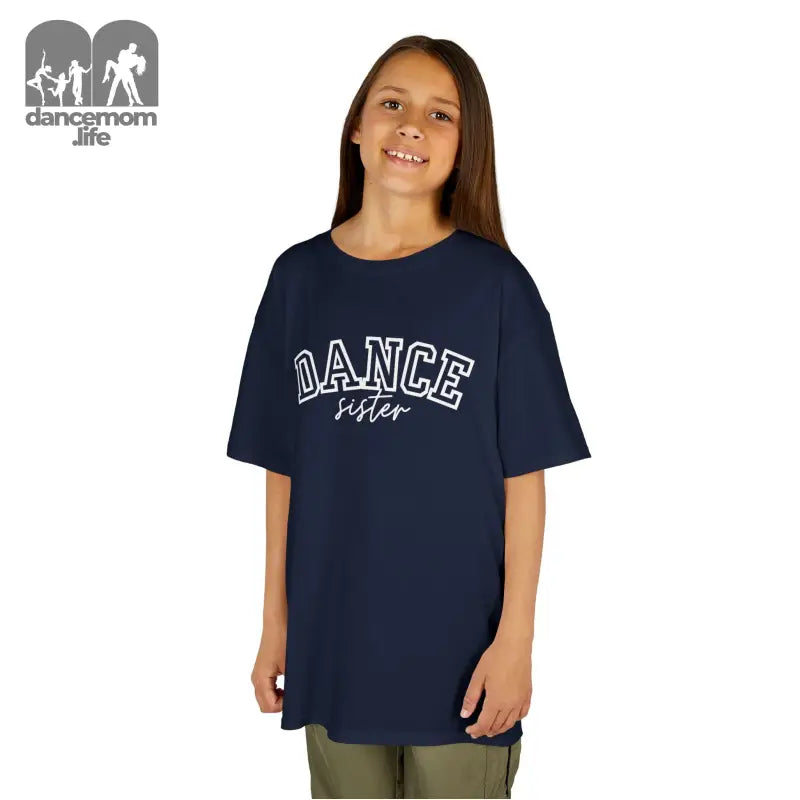 Navy blue t-shirt with ’DANCE sister’ text printed across the front.