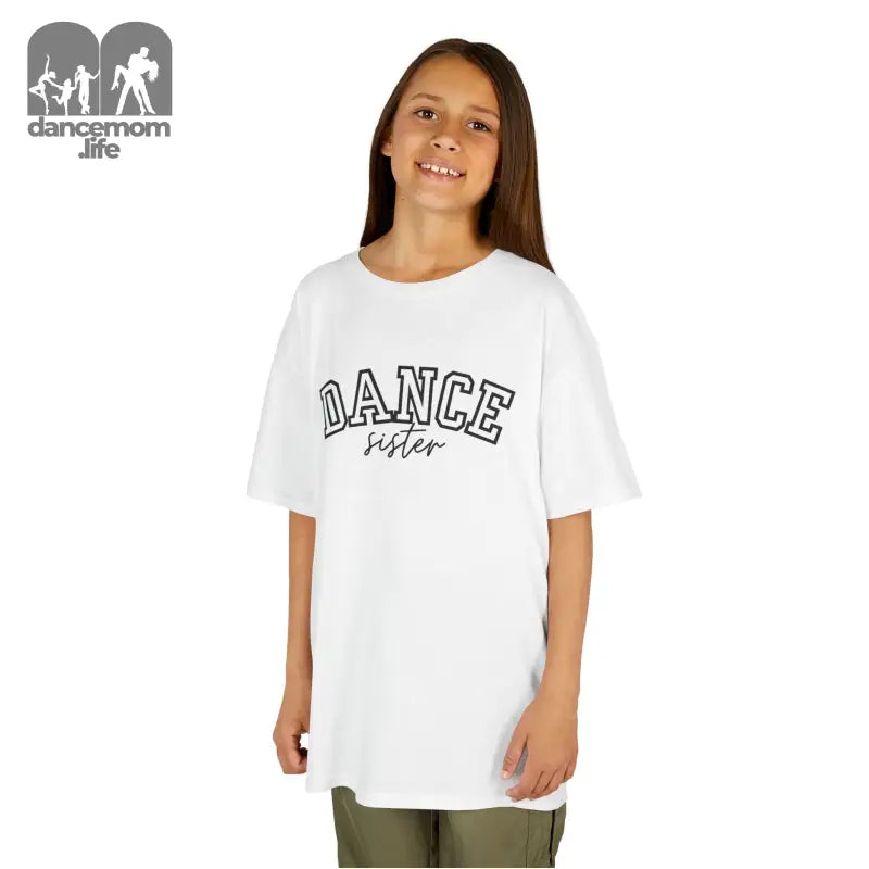 White t-shirt with ’DANCE sister’ text printed on the front.