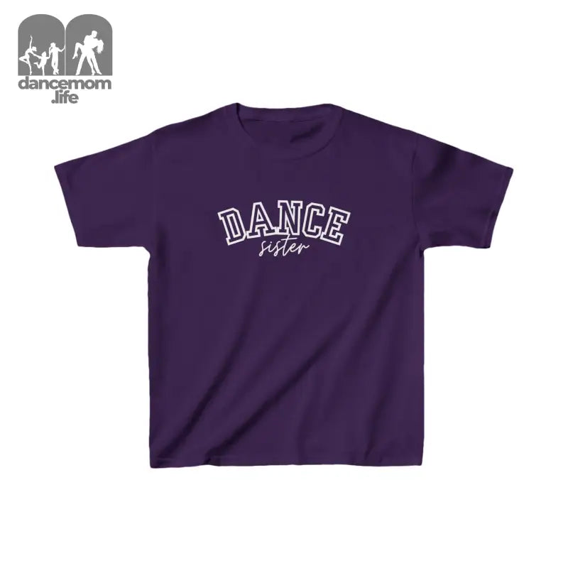 Purple t-shirt with ’DANCE sister’ text printed on the front.