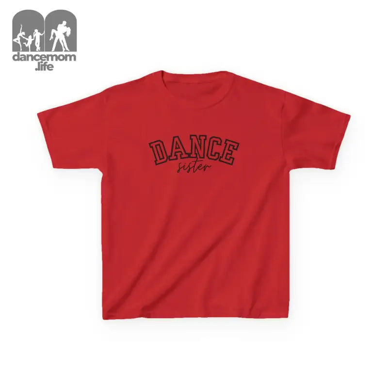 Red t-shirt with ’DANCE’ text printed in black lettering.