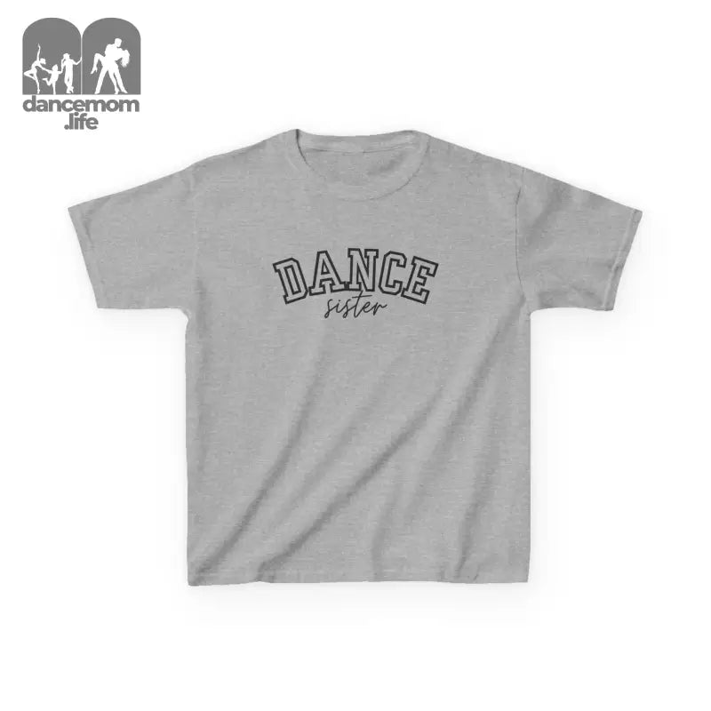 Gray t-shirt with ’DANCE’ text printed in black letters.