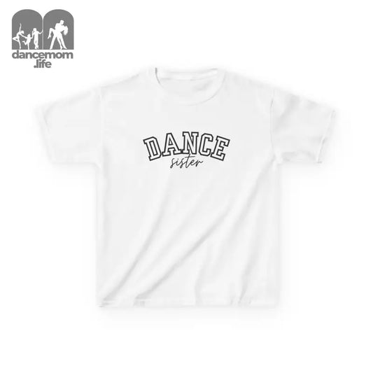 White t-shirt with ’DANCE’ text printed in black letters.