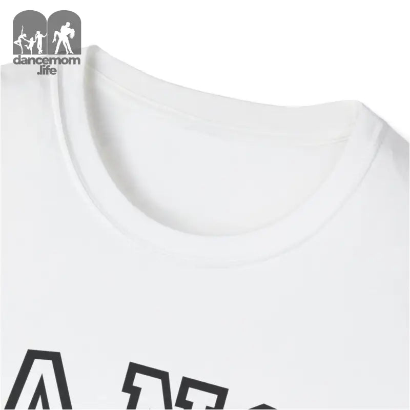 White t-shirt with partial black text visible on the front.