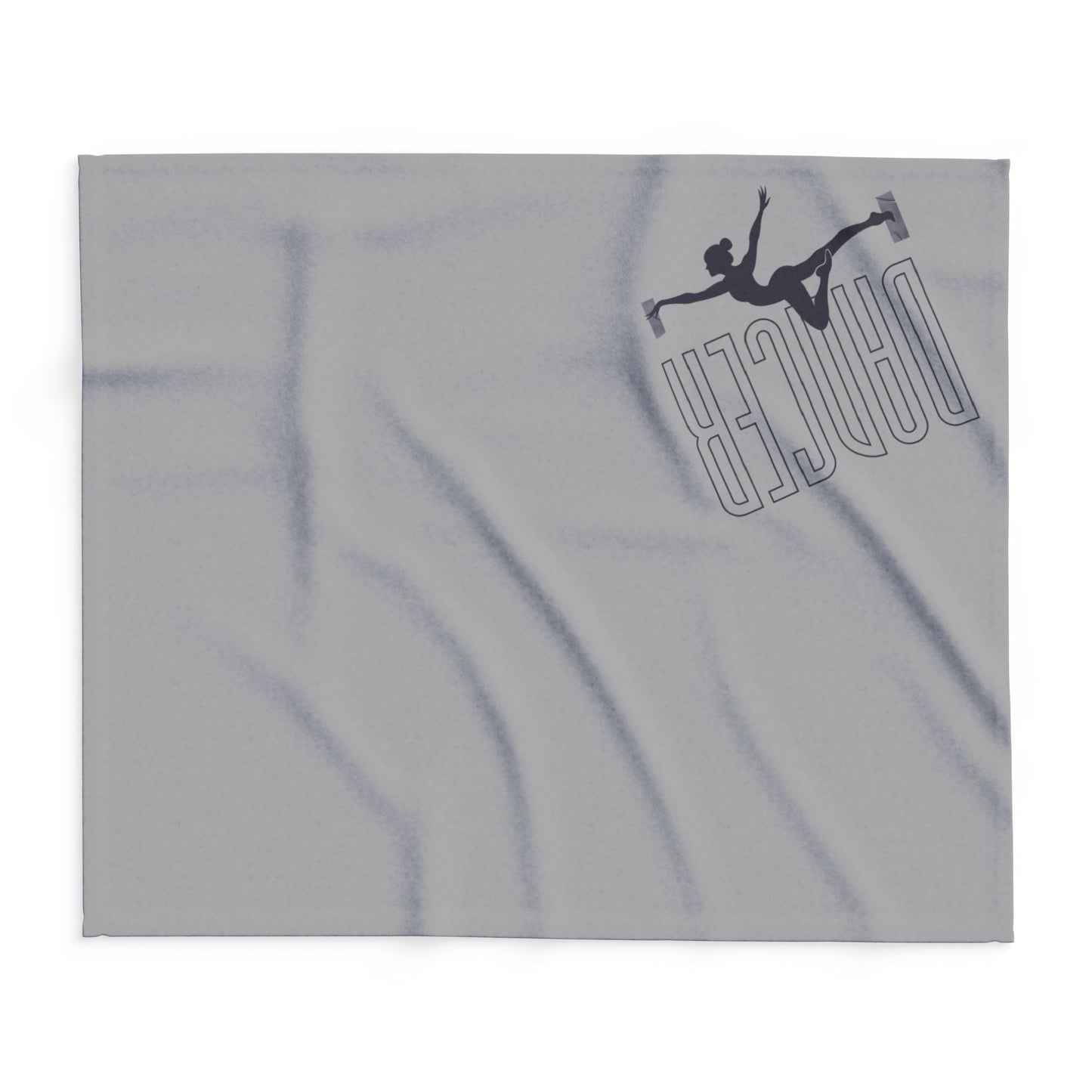 Gray fabric towel featuring a black silhouette of a dancer and the word ’dancer’ in outlined lettering.
