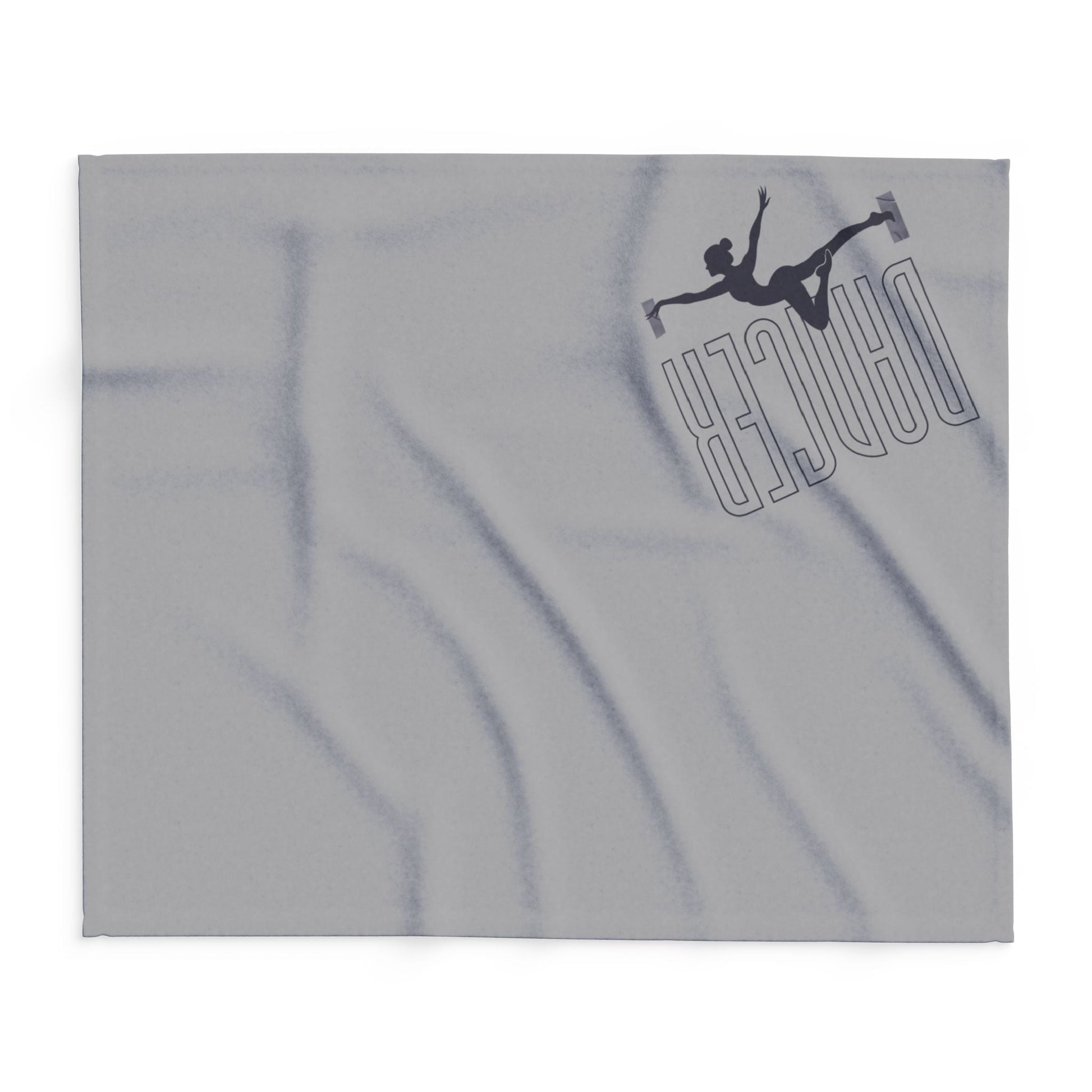 Gray fabric towel featuring a black silhouette of a dancer and the word ’dancer’ in outlined lettering.