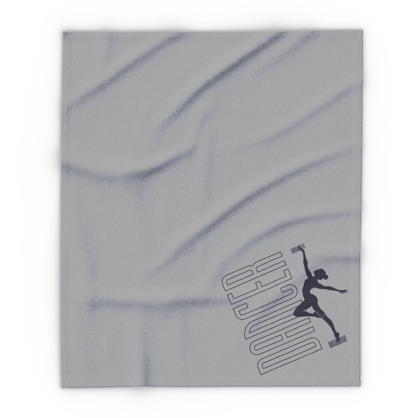 Gray throw blanket featuring a black silhouette of a dancer in mid-leap with the word ’dancer’ printed diagonally beside it.