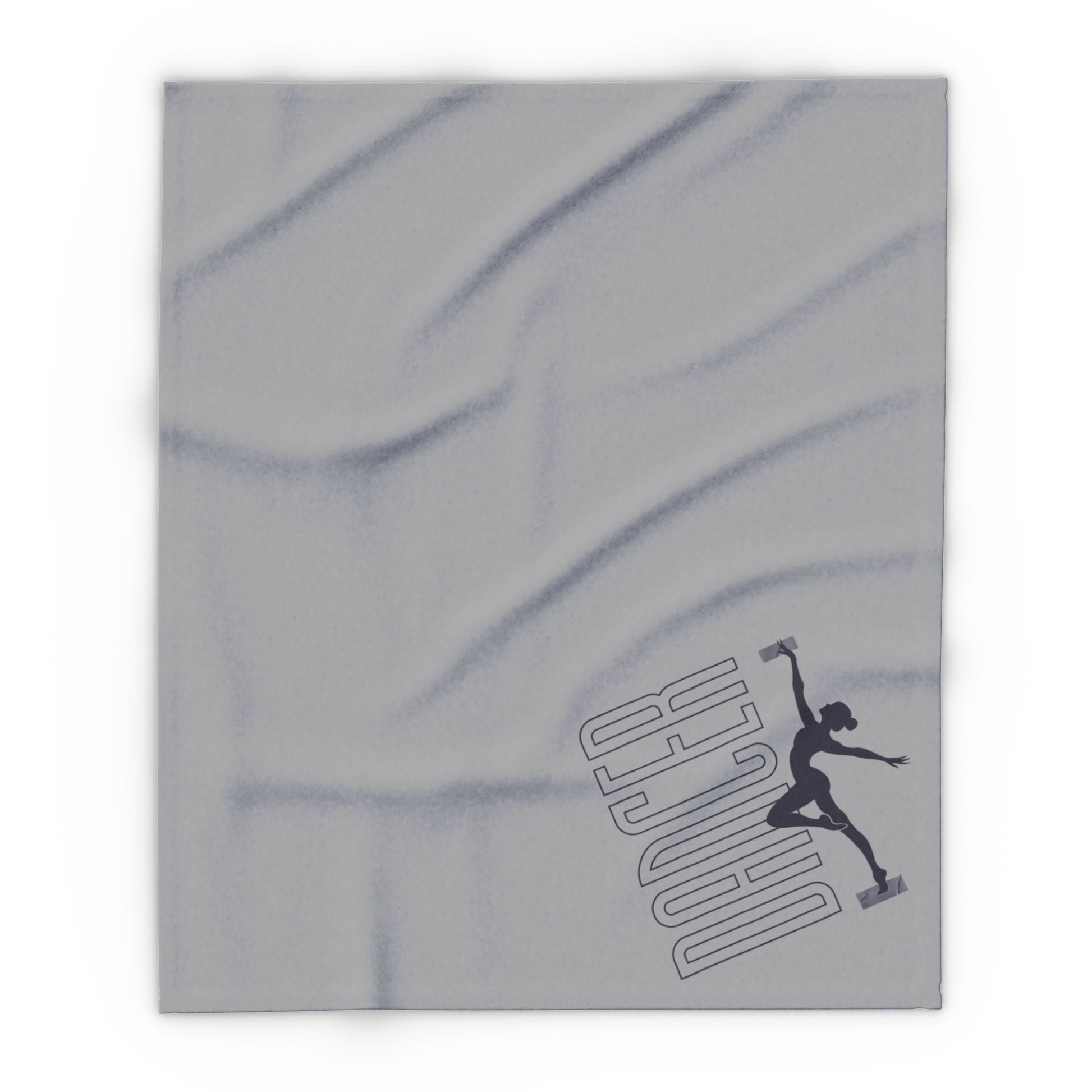 Gray throw blanket featuring a black silhouette of a dancer in mid-leap with the word ’dancer’ printed diagonally beside it.