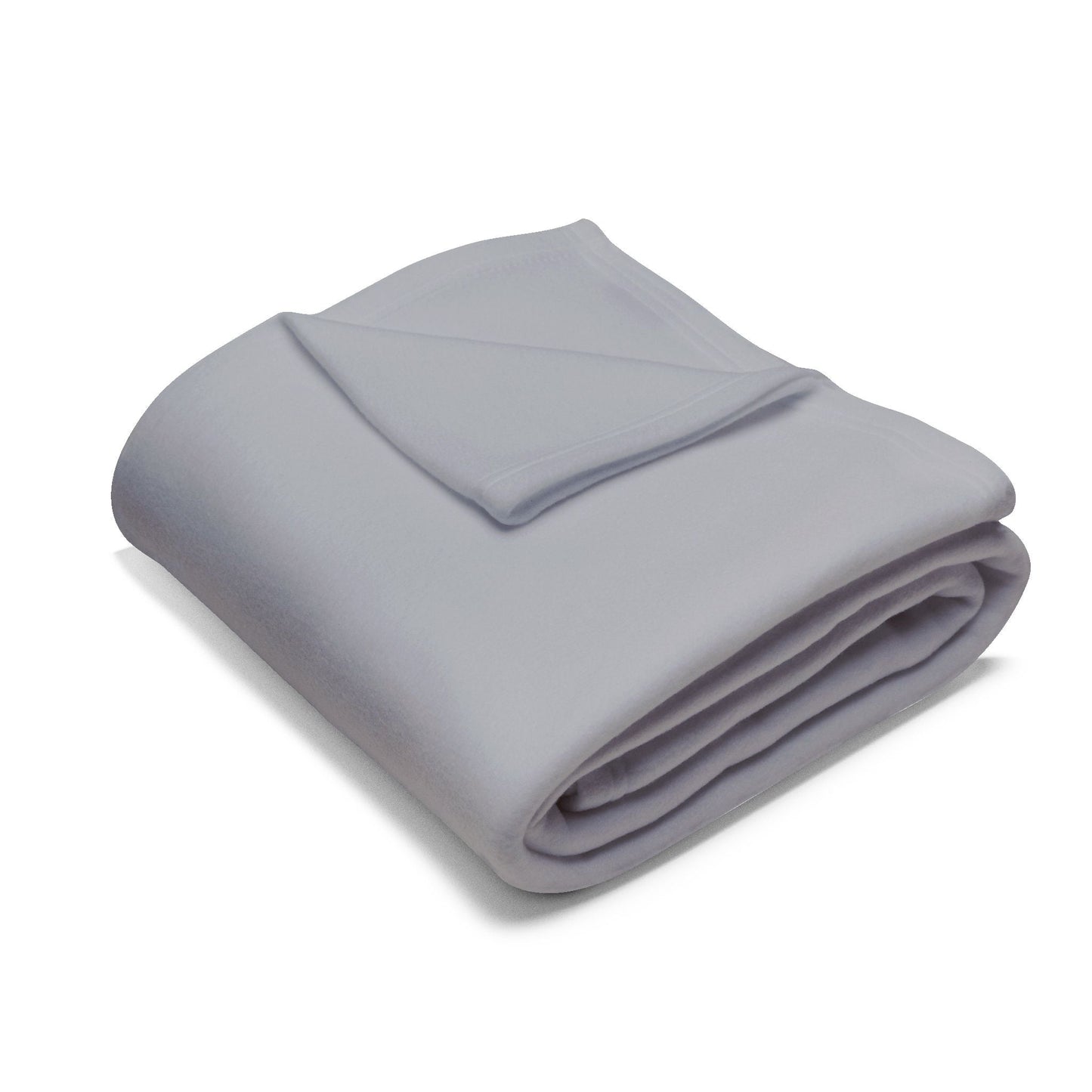 A soft, light gray fleece blanket neatly folded into a compact stack.