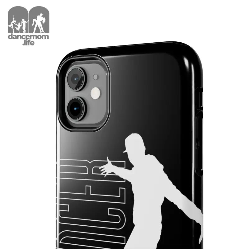 Black iPhone with a silhouetted figure decal on its back case.