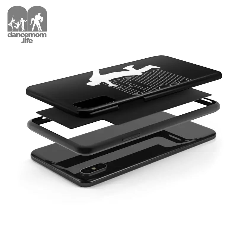 Exploded view of a black phone case with a gecko design.