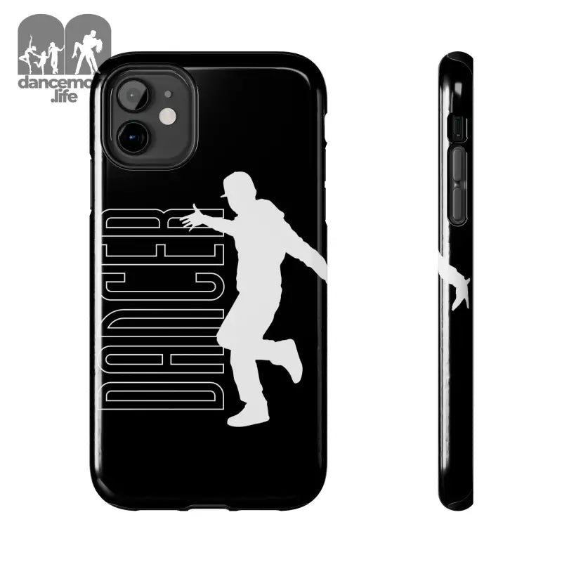 Black iPhone case featuring a white silhouette of a dancer with the word ’DANCER’ in outline text.