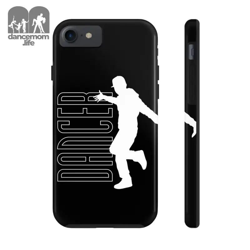 Black phone case featuring a white silhouette of a dancer with text.