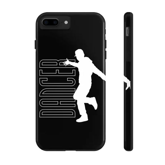 Black phone case featuring a white silhouette of a dancer with text.