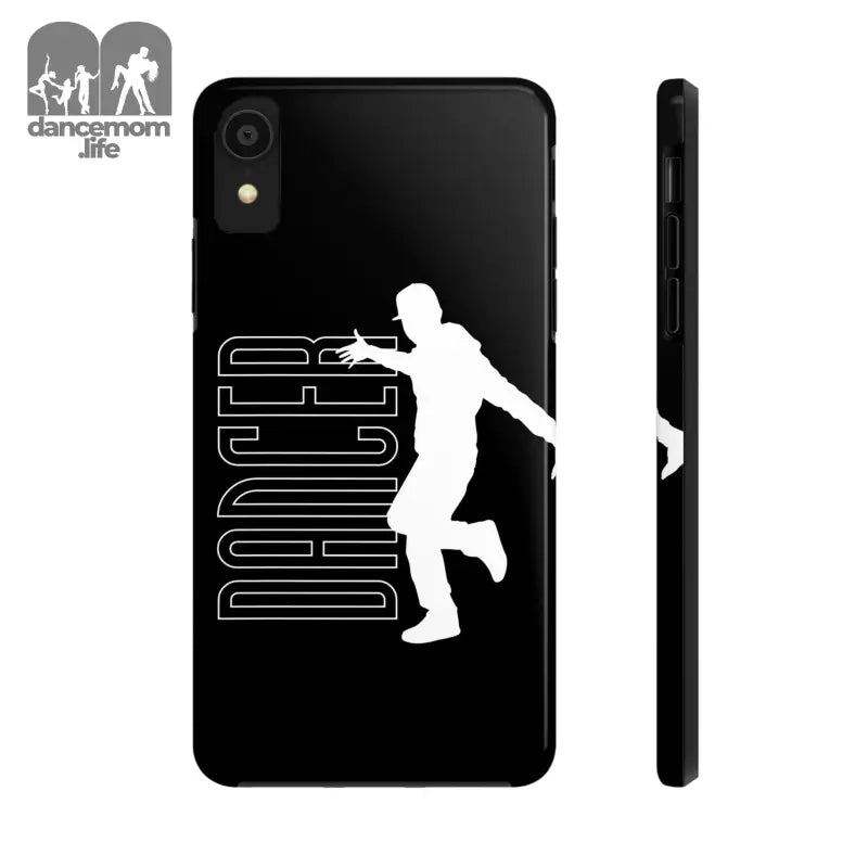 Black phone case featuring a white silhouette of a dancer with ’DANCER’ text.