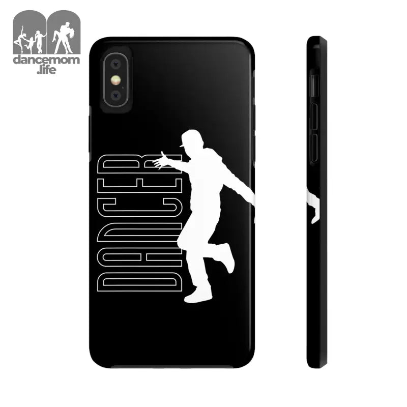 Black phone case featuring a white silhouette of a dancer with text.