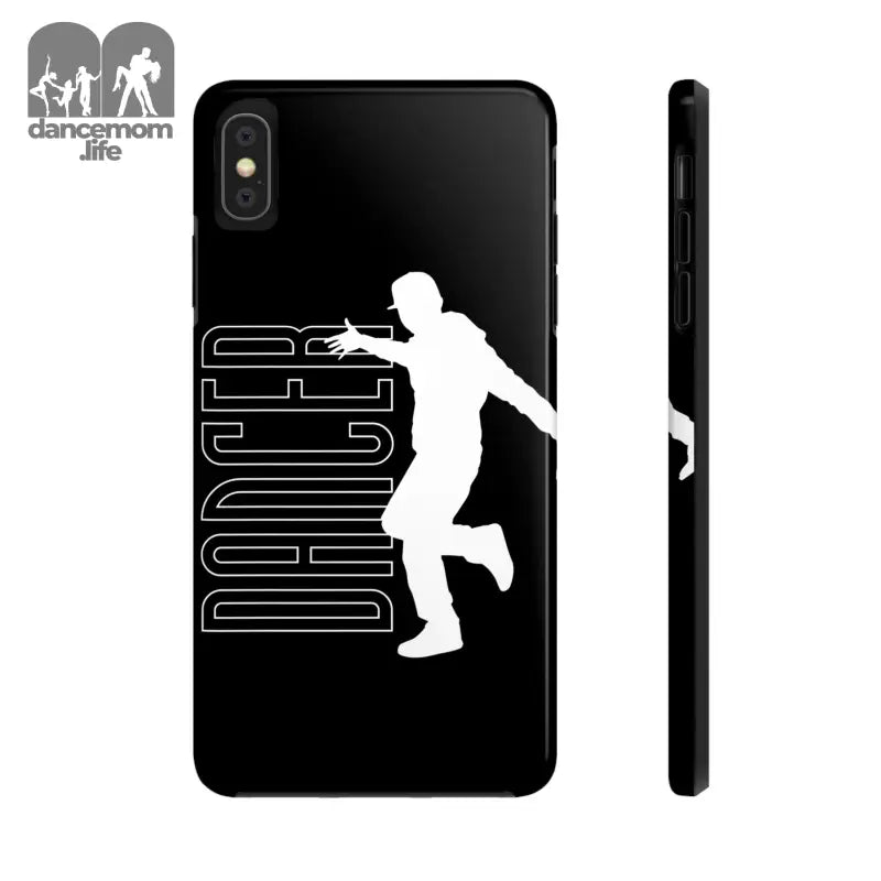 Black phone case featuring a white silhouette of a dancer with the text ’DANCER’ beside it.