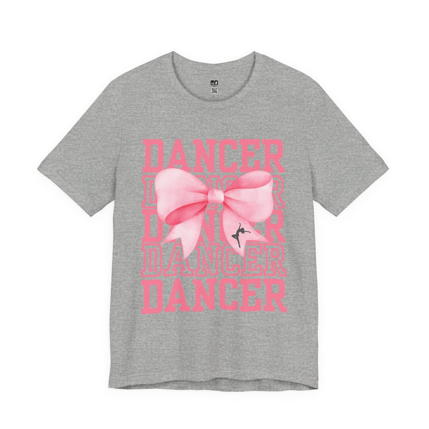 Gray heathered cotton t-shirt featuring a bold pink ’dancer’ graphic with layered text and a large, stylized pink bow centered over the design.