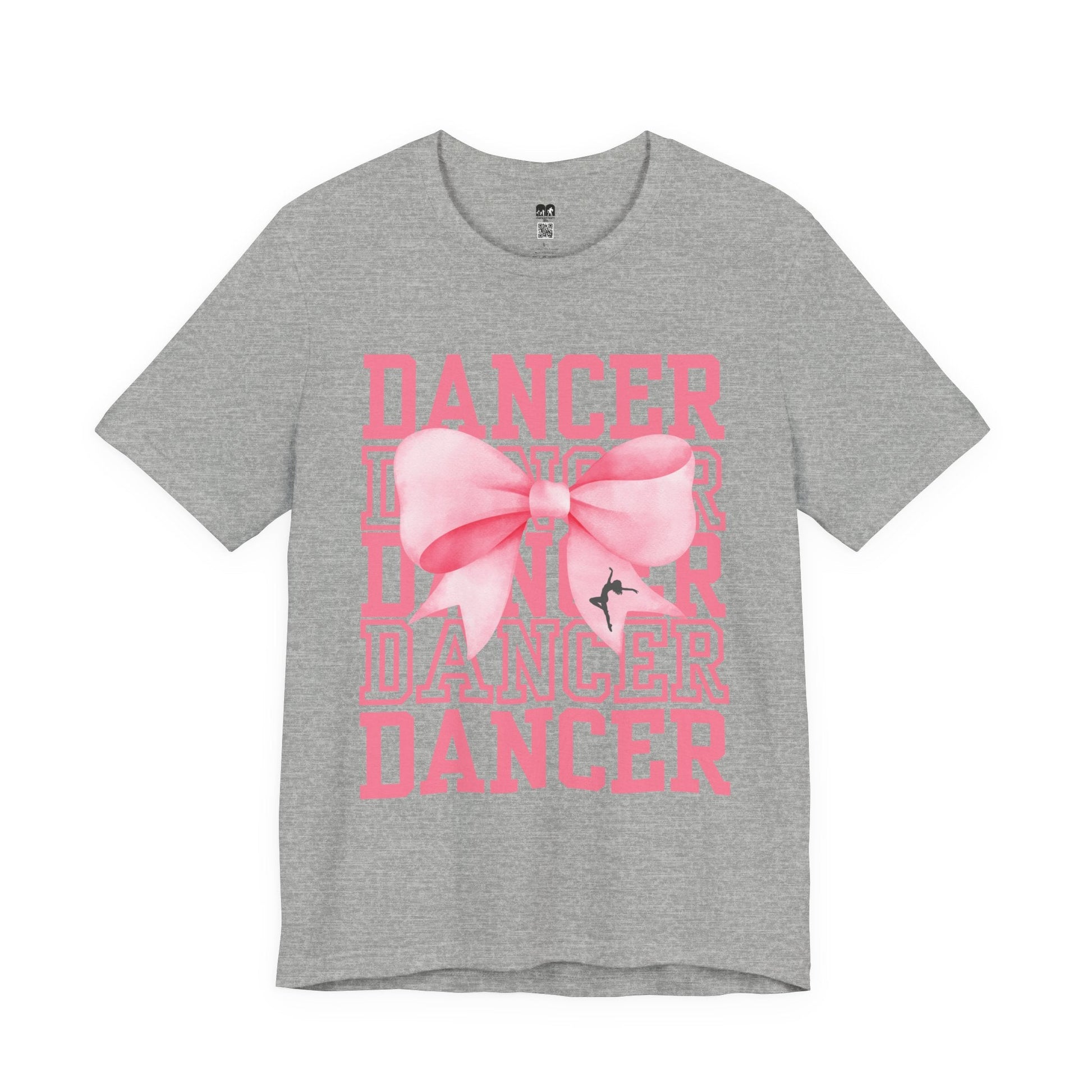 Gray heathered cotton t-shirt featuring a bold pink ’dancer’ graphic with layered text and a large, stylized pink bow centered over the design.