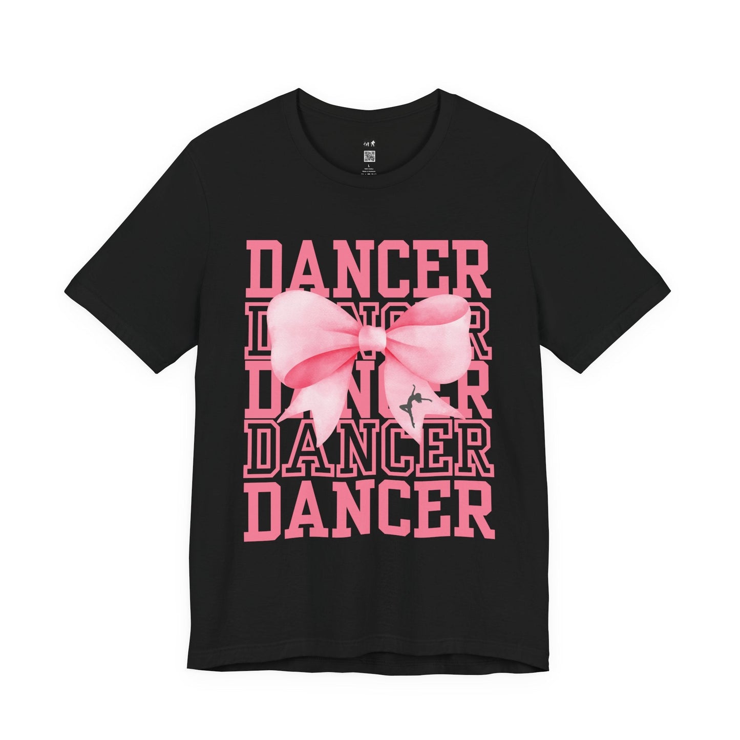 Black cotton t-shirt featuring a bold pink ’dancer’ graphic with layered text and a large, stylized pink bow centered on the front.