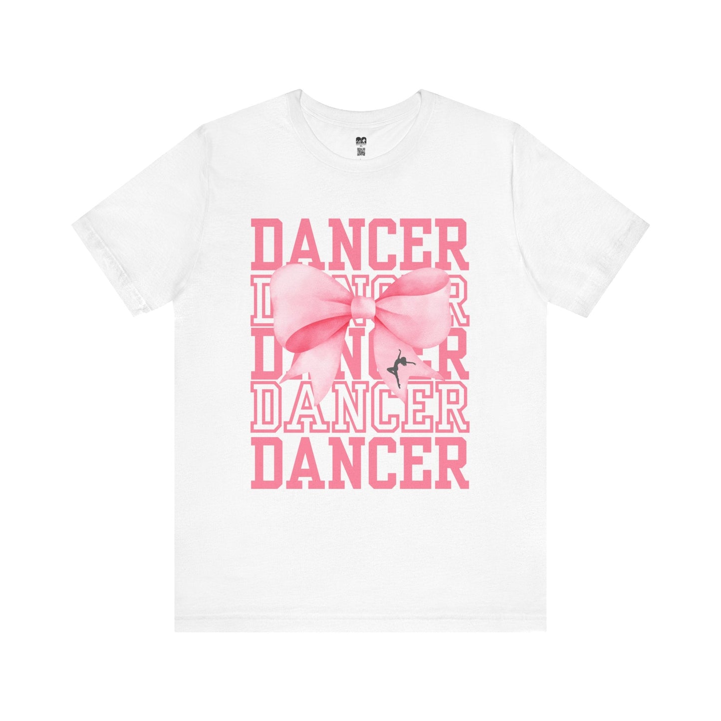 White cotton t-shirt featuring a pink ’dancer’ graphic with layered text and a large bow design.
