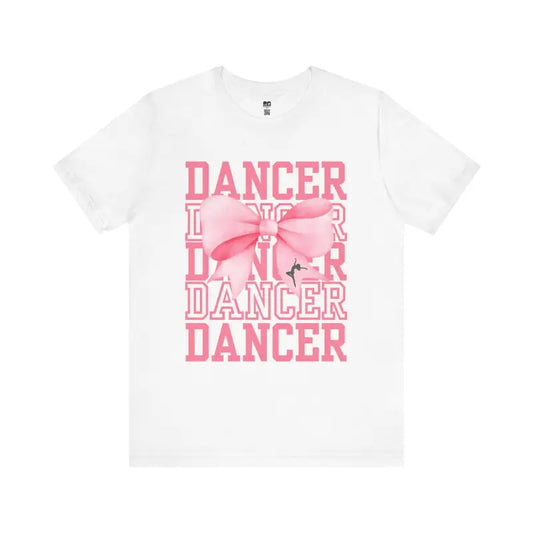 White t-shirt with pink ’DANCER’ text and bow design.