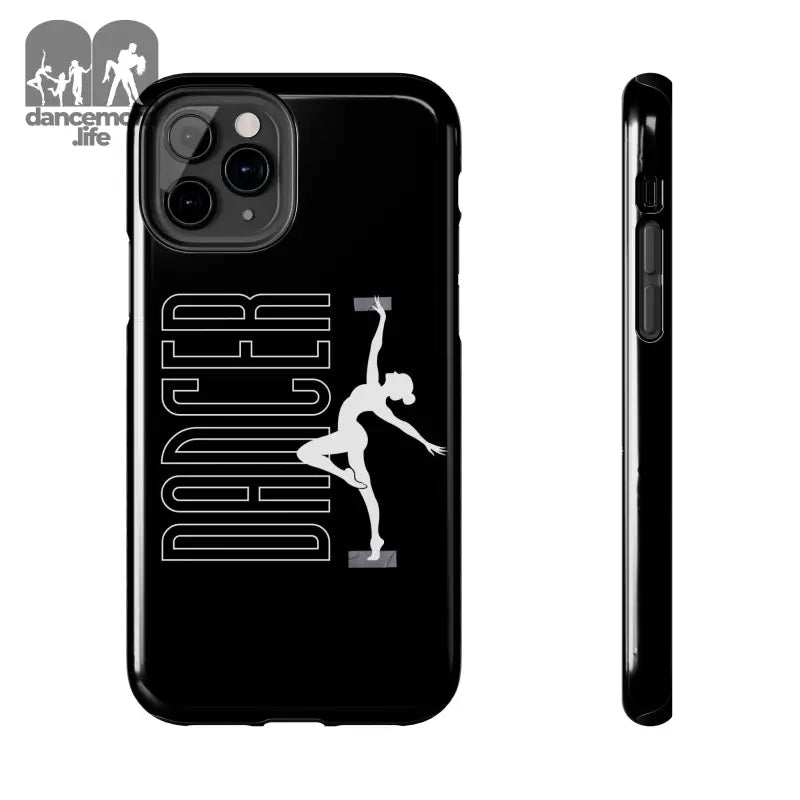 Black iPhone case featuring a white dancer silhouette and text design.