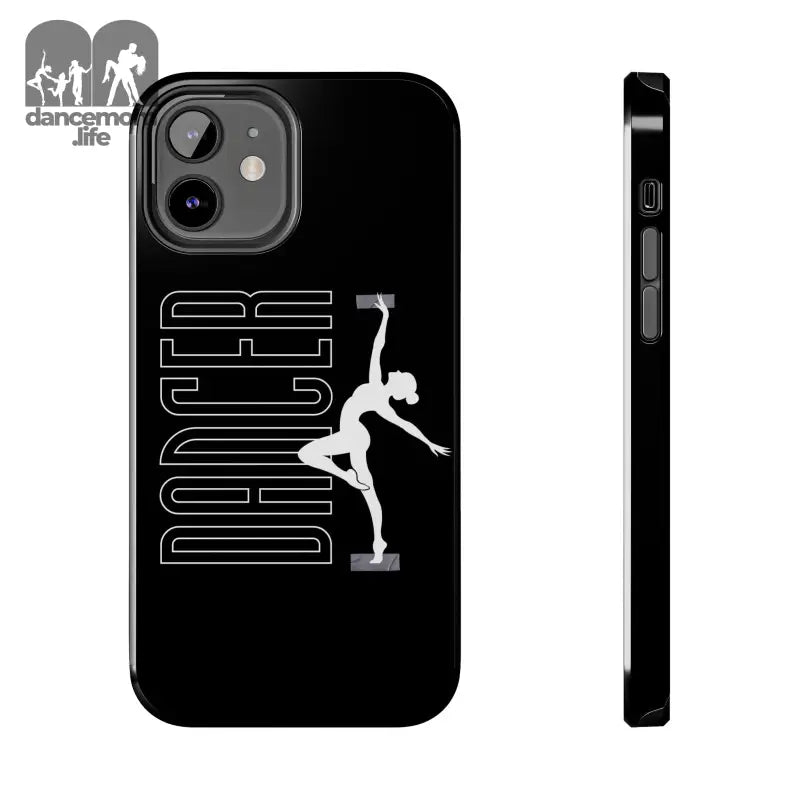 Black phone case featuring a dancer silhouette and text design.