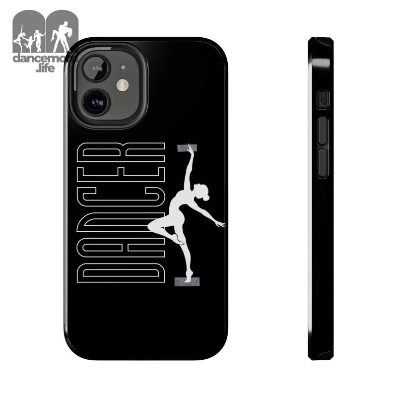 Black phone case featuring a dancer silhouette design with text.