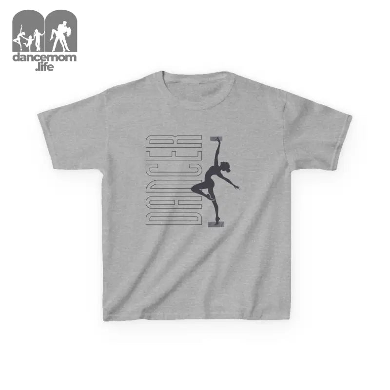 Grey t-shirt featuring a dancer silhouette design alongside vertical text.