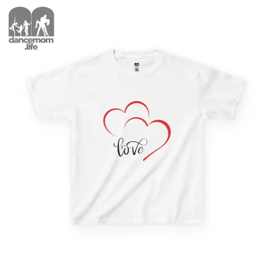 White t-shirt with red heart outlines and ’love’ text design.