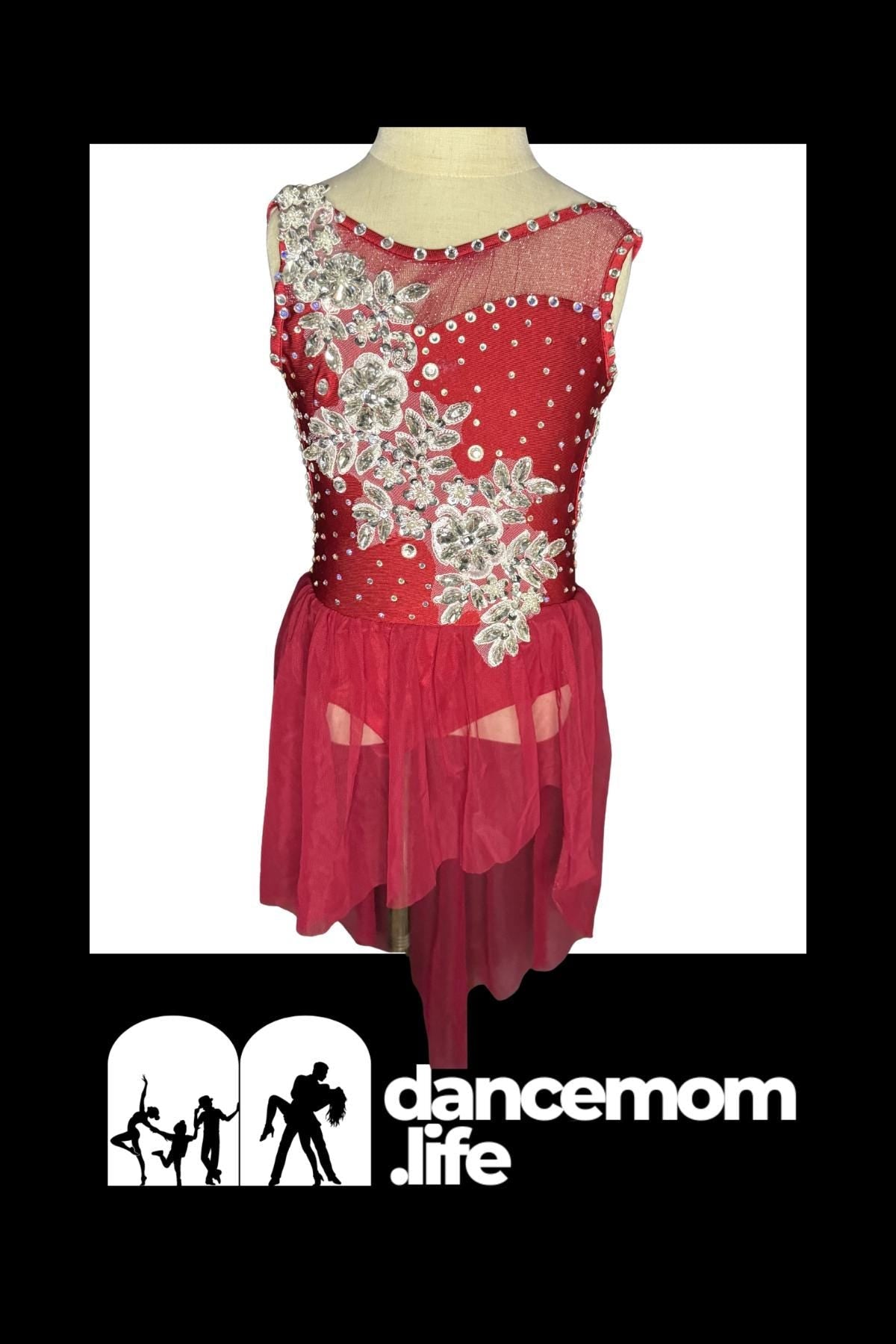 Duet Dance Costume (1 of 2) | Floral Rhinestone Applique Leotard with Chiffon Skirt | Girls Size 6 | Lyrical Contemporary - "Crimson Bloom"