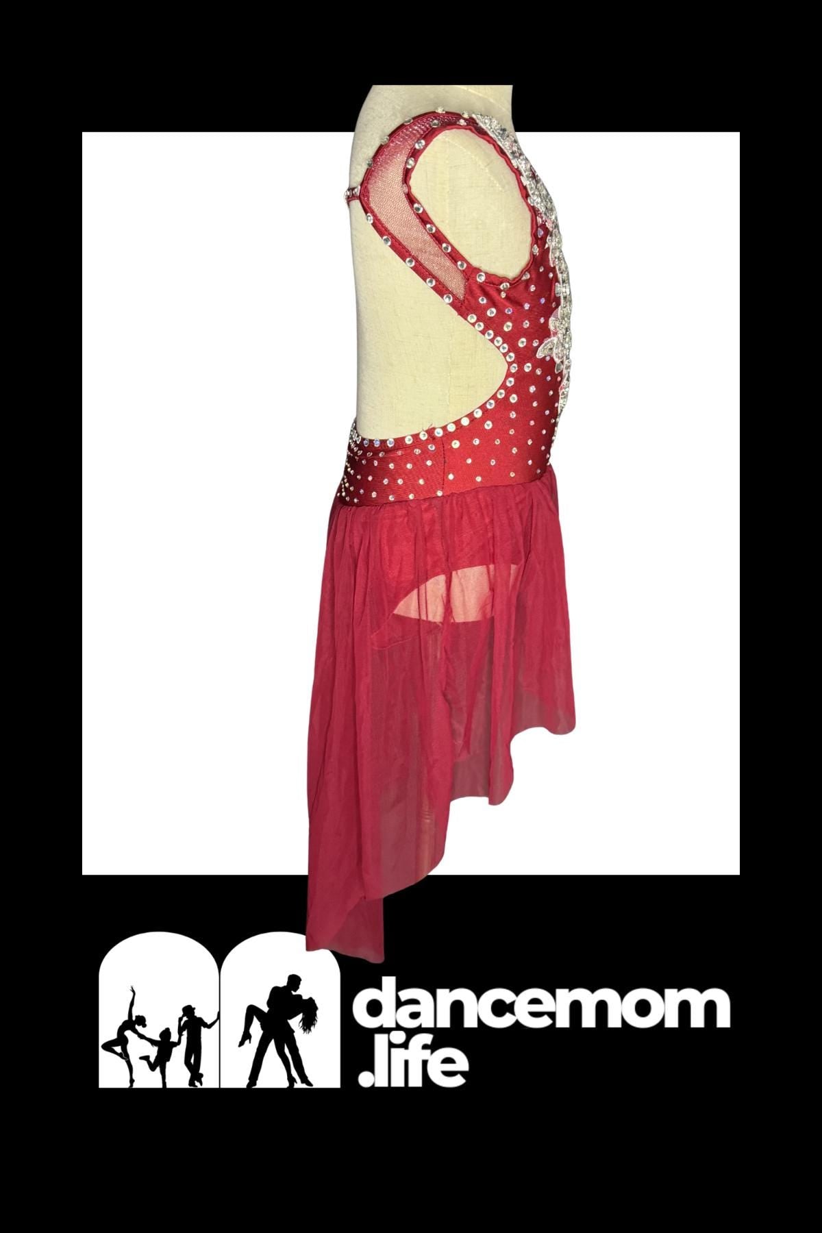 Duet Dance Costume (1 of 2) | Floral Rhinestone Applique Leotard with Chiffon Skirt | Girls Size 6 | Lyrical Contemporary - "Crimson Bloom"