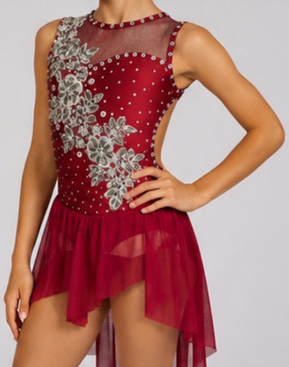 Duet Dance Costume (1 of 2) | Floral Rhinestone Applique Leotard with Chiffon Skirt | Girls Size 6 | Lyrical Contemporary - "Crimson Bloom"