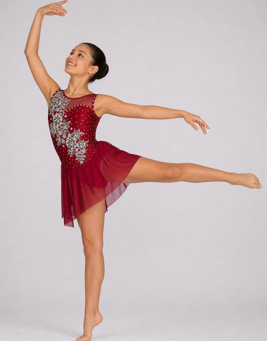 Duet Dance Costume (1 of 2) | Floral Rhinestone Applique Leotard with Chiffon Skirt | Girls Size 6 | Lyrical Contemporary - "Crimson Bloom"