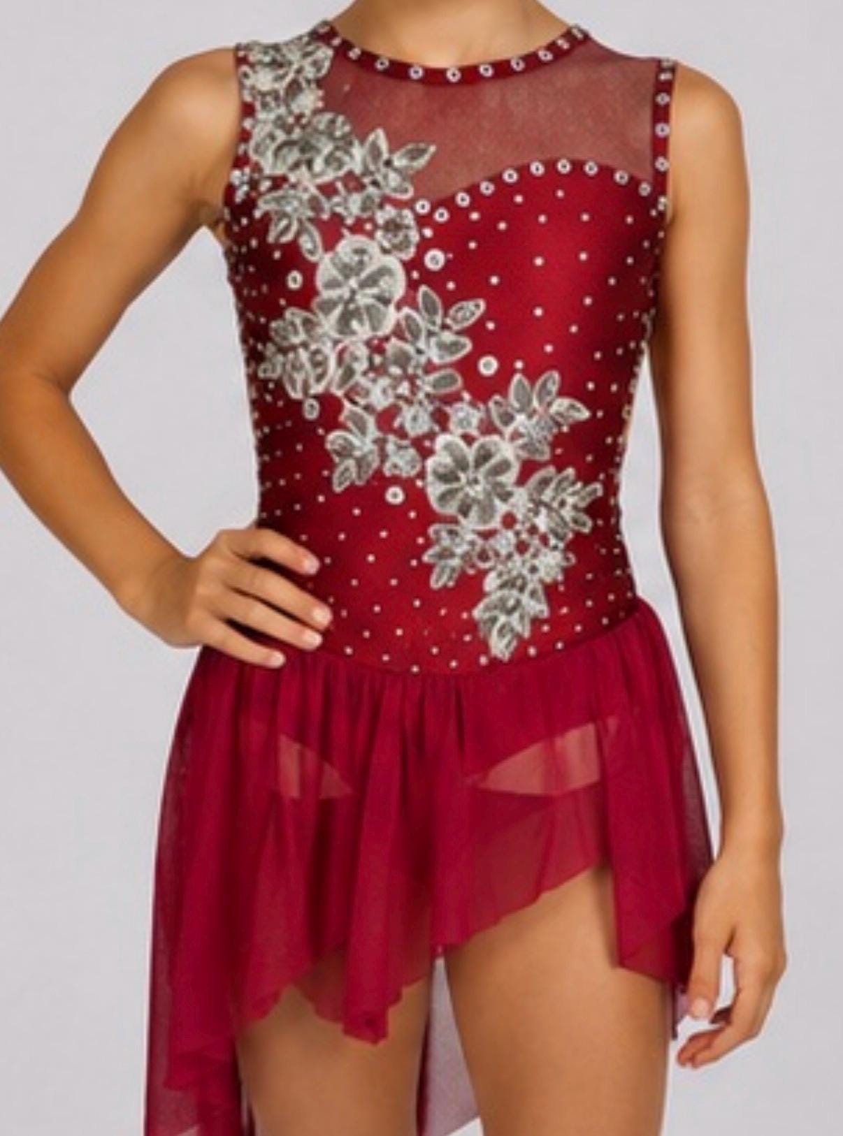 Duet Dance Costume (1 of 2) | Floral Rhinestone Applique Leotard with Chiffon Skirt | Girls Size 6 | Lyrical Contemporary - "Crimson Bloom"