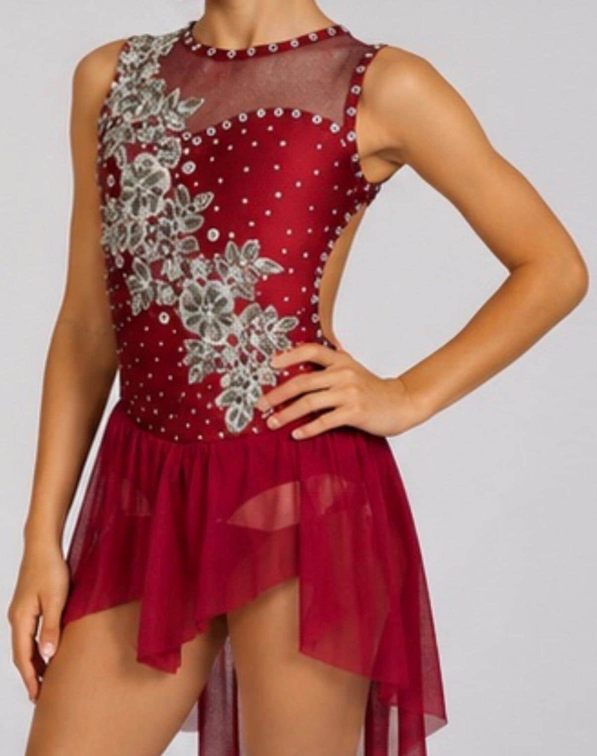 Duet Dance Costume (1 of 2) | Floral Rhinestone Applique Leotard with Chiffon Skirt | Girls Size 6 | Lyrical Contemporary - "Crimson Bloom"