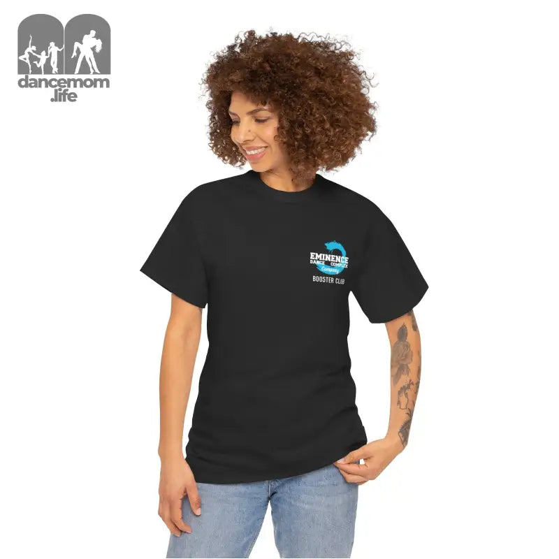 Black t-shirt with a small blue logo on the chest.