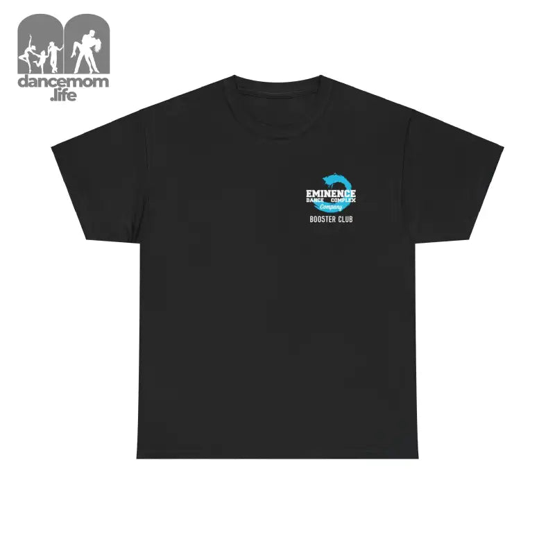 Black t-shirt with a small blue logo on the chest.