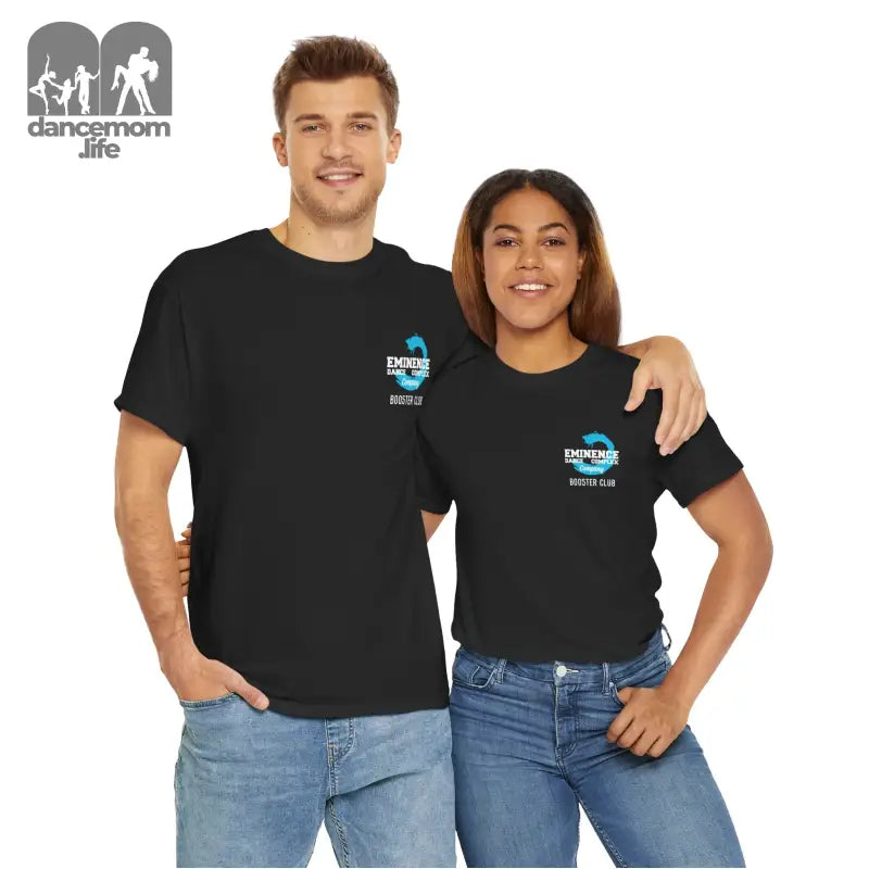 Two people wearing matching black t-shirts with a blue logo and blue jeans.