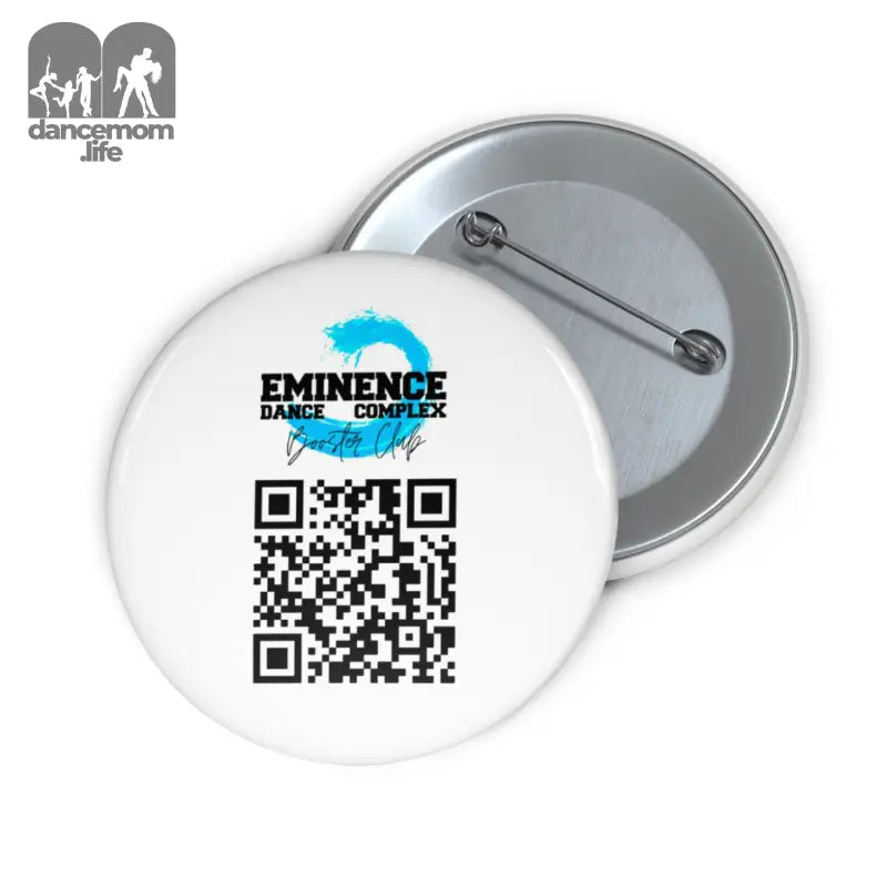 White button pin with a blue logo and QR code design.