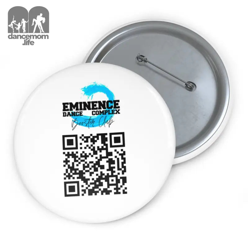 White button pin featuring the Eminence Dance Complex logo and a QR code.