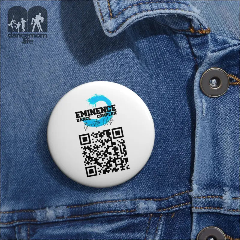 White button pin with an Eminence logo and QR code.