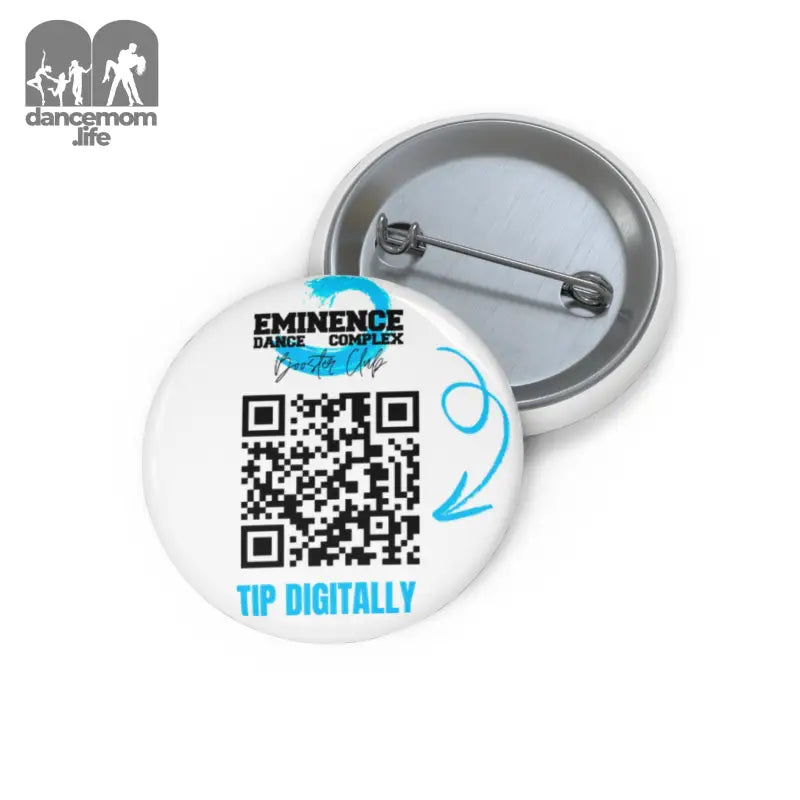 Round white button pin with a QR code and ’Tip Digitally’ text.