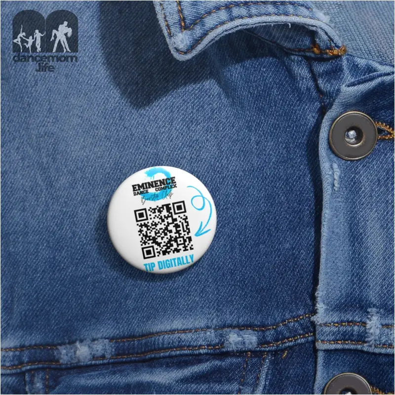 White circular button pin with a QR code and blue accents.