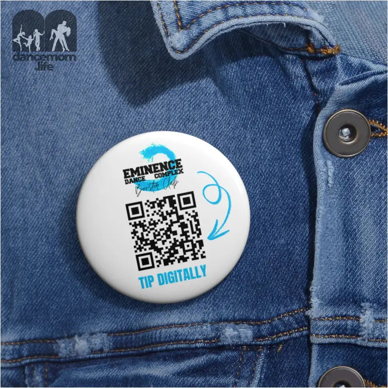 White button pin featuring a QR code and ’Eminence’ branding.